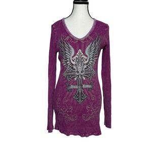 Vocal Purple Thermal Tunic Top Rhinestone Cross Wings Large Y2K Grunge Goth Rock